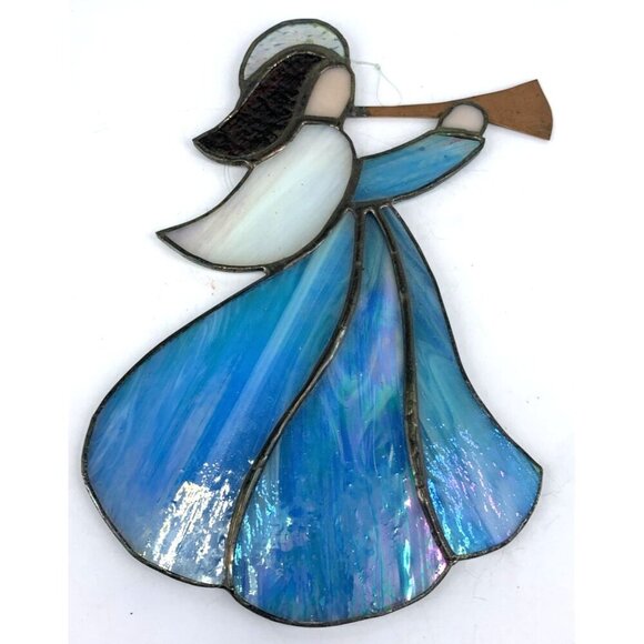 Stained Glass Angel Wall Hanging Trumpet Horn Copper Christmas 9" Tall Vtg - Picture 1 of 7